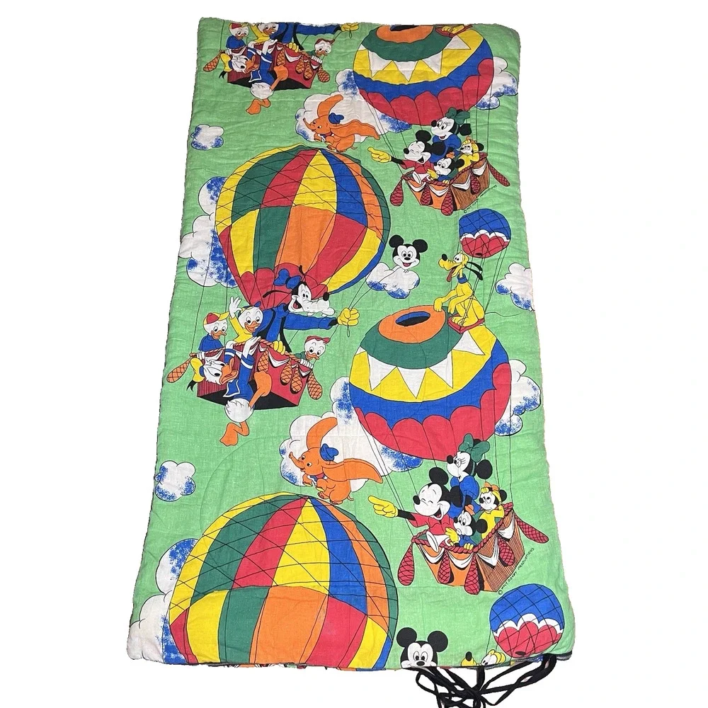 Vintage Disney Sleeping Bag Mickey Minnie Mouse Goofy Hot Air Balloon 32x60